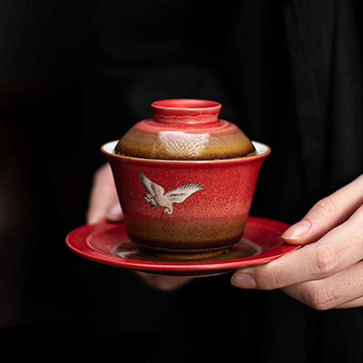 Buddha Stones Red Auspicious Crane Ceramic Gaiwan Sancai Teacup Kung Fu Tea Cup And Saucer With Lid - image 6