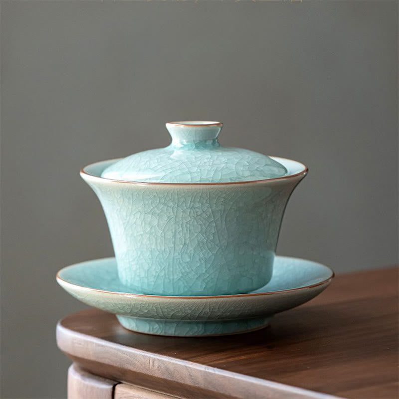 Buddha Stones Retro Green Ice Glaze Ceramic Gaiwan Sancai Teacup Kung Fu Tea Cup And Saucer With Lid - 12.4*9.3cm*180ml - image 0