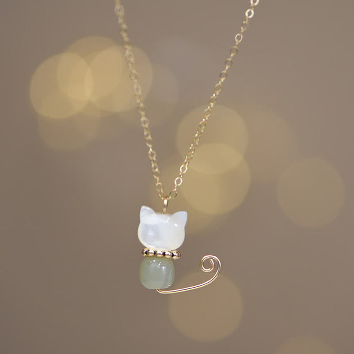Buddha Stones 14K Gold Plated Pearl Hetian Jade Shell Luck Cat Kitten Necklace Pendant - image 5