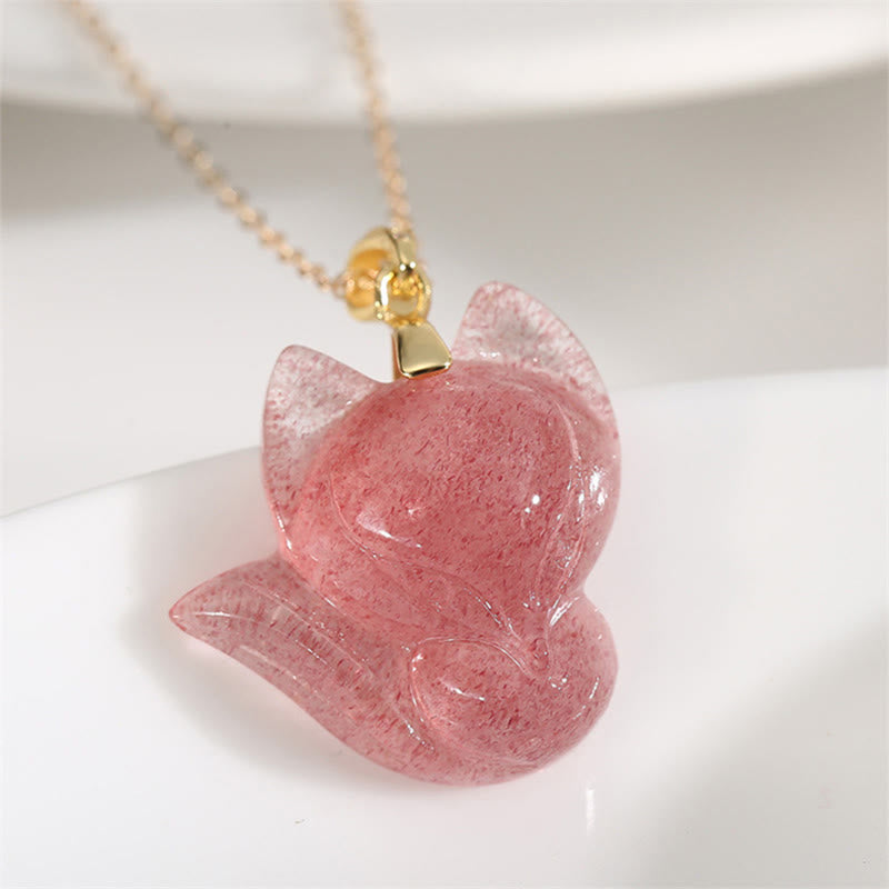 Buddha Stones 14k Gold Plated 925 Sterling Silver Strawberry Quartz Fox Healing Necklace Pendant - Strawberry Quartz&14k Gold Plated - image 0