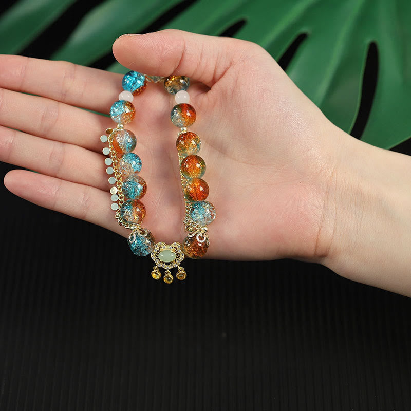 Buddha Stones Colorful Liuli Glass Bead Chinese Lock Charm Fortune Bracelet - image 7
