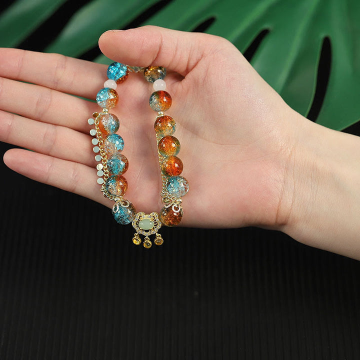Buddha Stones Colorful Liuli Glass Bead Chinese Lock Charm Fortune Bracelet - image 7