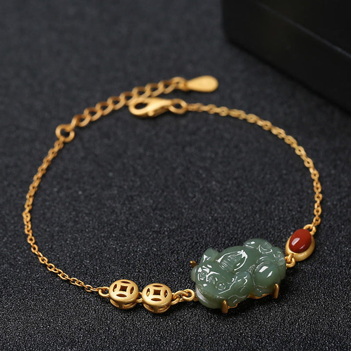 Buddha Stones Cyan Jade PiXiu Copper Coin Red Agate Success Chain Bracelet - image 3