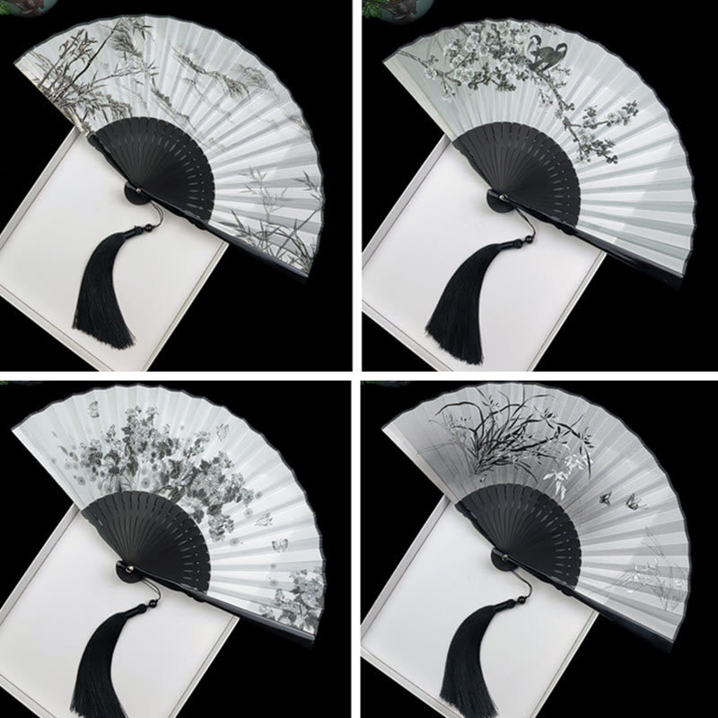 Buddha Stones Vintage Bamboo Peony Butterfly Lotus Handheld Silk Folding Fan With Bamboo Frames - image 16