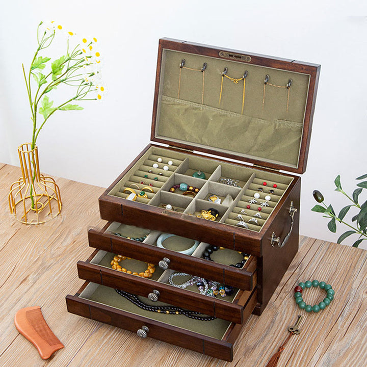 Buddha Stones Retro Solid Wood Jewelry Box Four-Layer Wooden Jewelry Storage Box - image 7