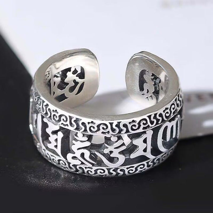 Buddha Stones Vintage Tibet Om Mani Padme Hum Carved Hollow Design Purity Ring - image 3