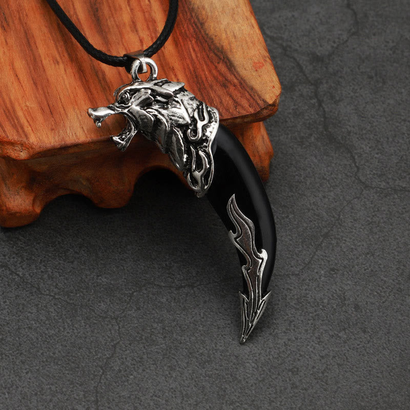 Buddha Stones Imitation Wolf Tooth Titanium Steel Balance Necklace Pendant - Black Imitation Wolf Tooth - Leather Rope - image 10
