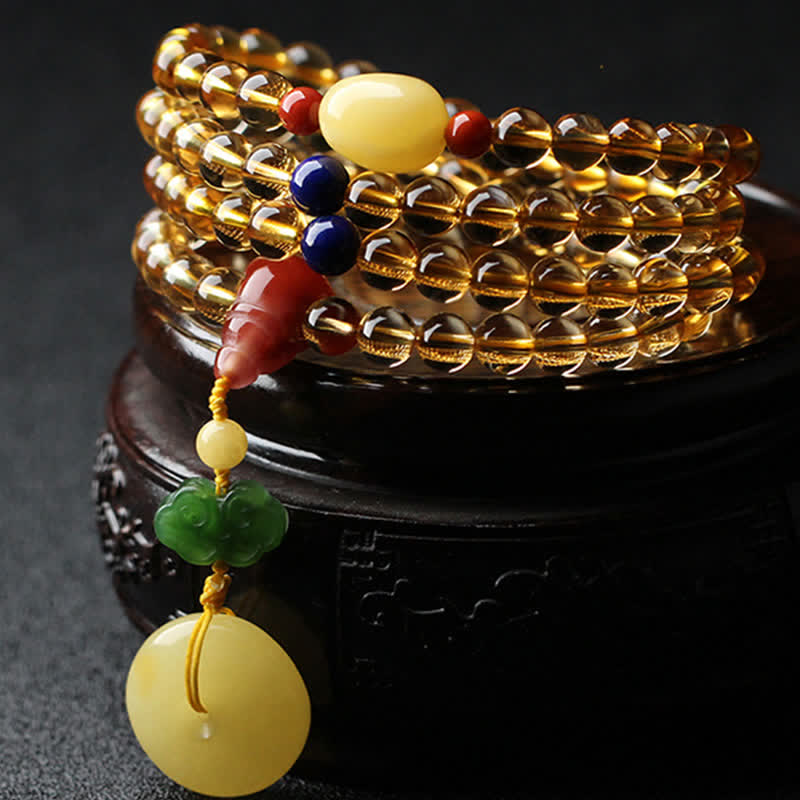 108 Mala Beads Natural Citrine Amber Peace Buckle Red Agate PiXiu Protection Charm Bracelet - Citrine&Amber - image 0