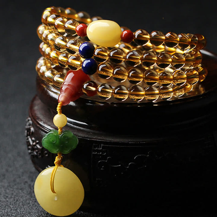 108 Mala Beads Natural Citrine Amber Peace Buckle Red Agate PiXiu Protection Charm Bracelet - Citrine&Amber - image 0