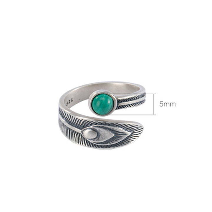 Buddha Stones 925 Sterling Silver Malachite Bead Feather Protection Ring - image 8