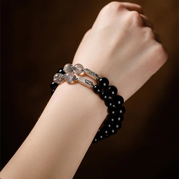 Buddha Stones 925 Sterling Silver Obsidian Moonstone Strength Couple Bracelet - image 11