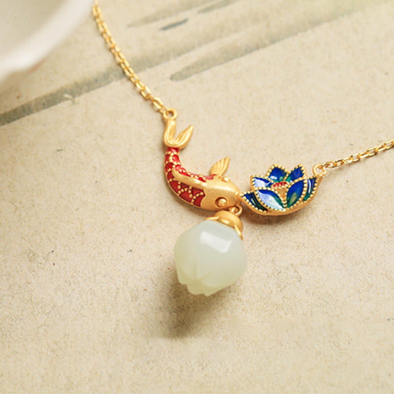 Buddha Stones 925 Sterling Silver White Jade Koi Fish Lotus Protection Necklace Pendant - image 4