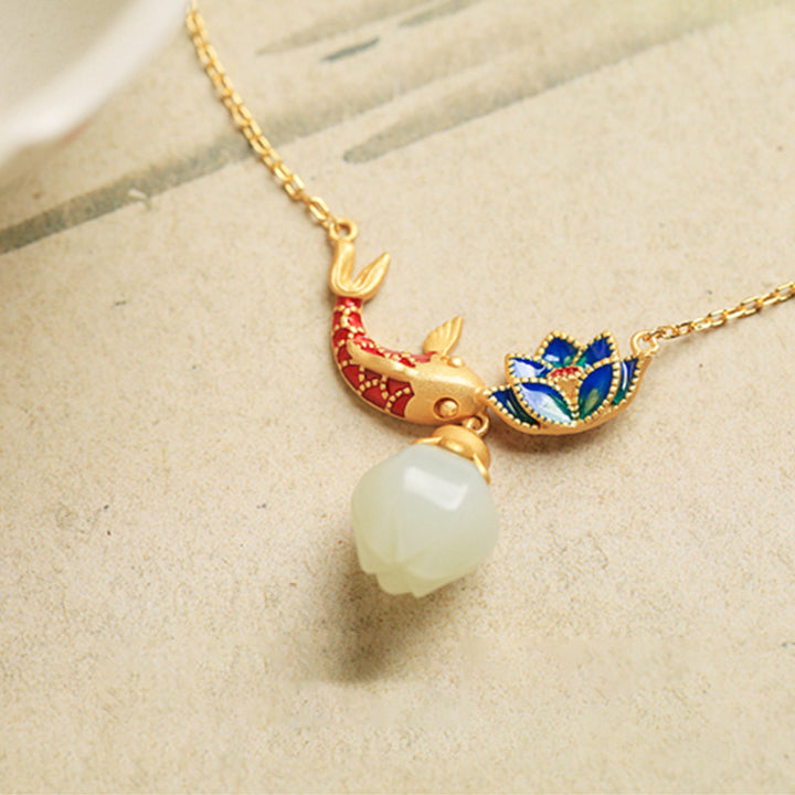 Buddha Stones 925 Sterling Silver White Jade Koi Fish Lotus Protection Necklace Pendant - image 4