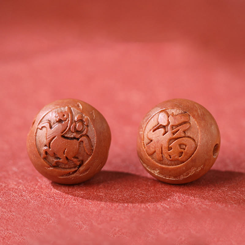 Buddha Stones Natural Peach Wood Chinese Zodiac Fu Character Carved Cinnabar Wealth Bracelet - image 21