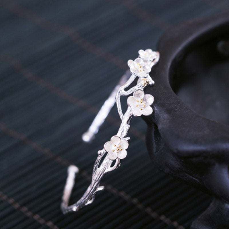 Buddha Stones 925 Sterling Silver Plum Flower Blessing Bracelet Adjustable Bangle - image 9