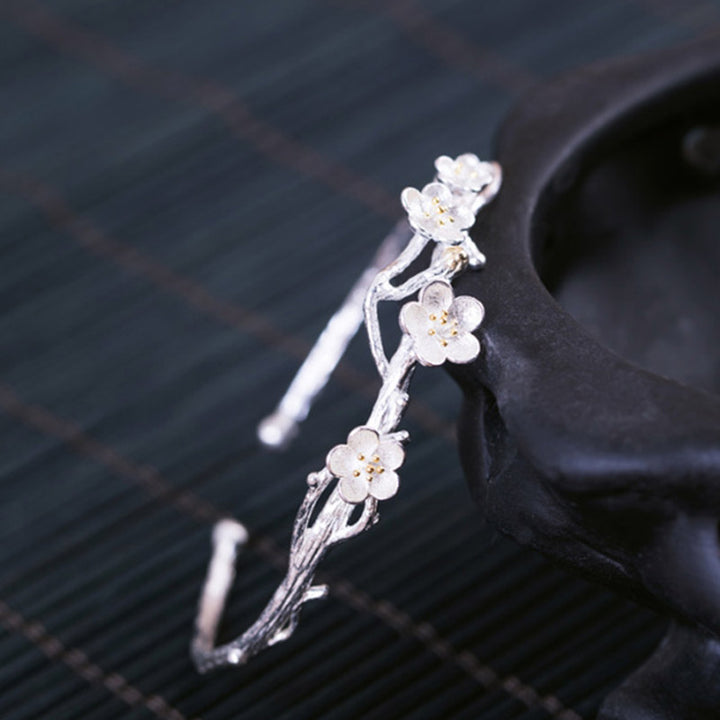Buddha Stones 925 Sterling Silver Plum Flower Blessing Bracelet Adjustable Bangle - image 9