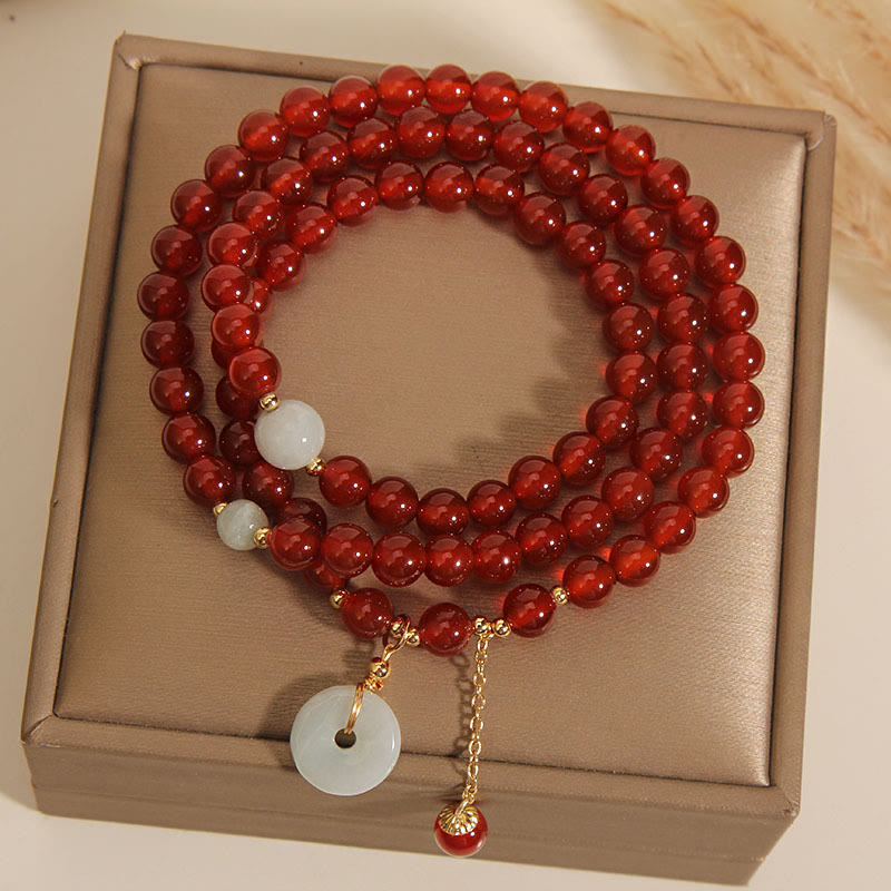 Buddha Stones Natural Red Agate Jade Peace Buckle Calm Triple Wrap Bracelet - image 1