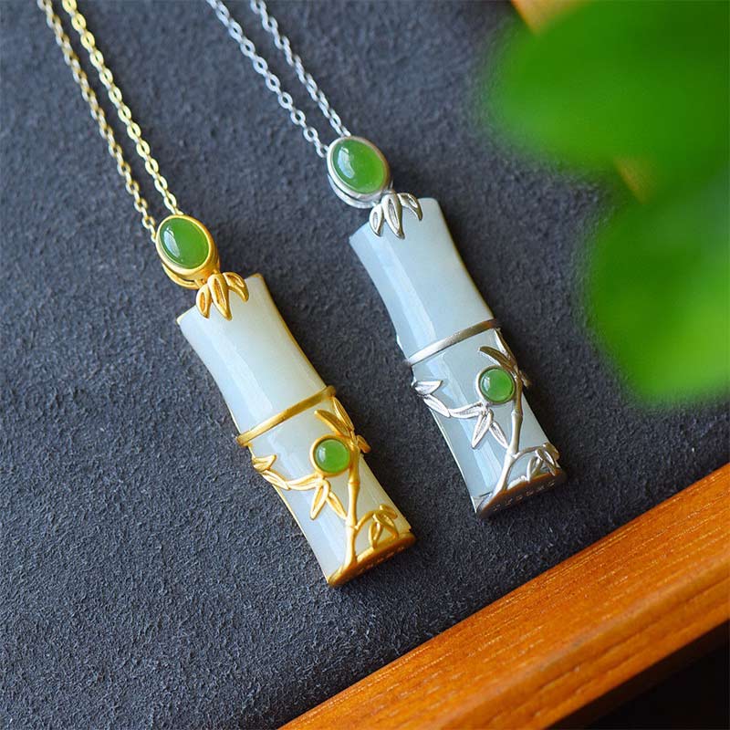 Buddha Stones White Jade Cyan Jade Bamboo Protection Necklace Pendant - image 1