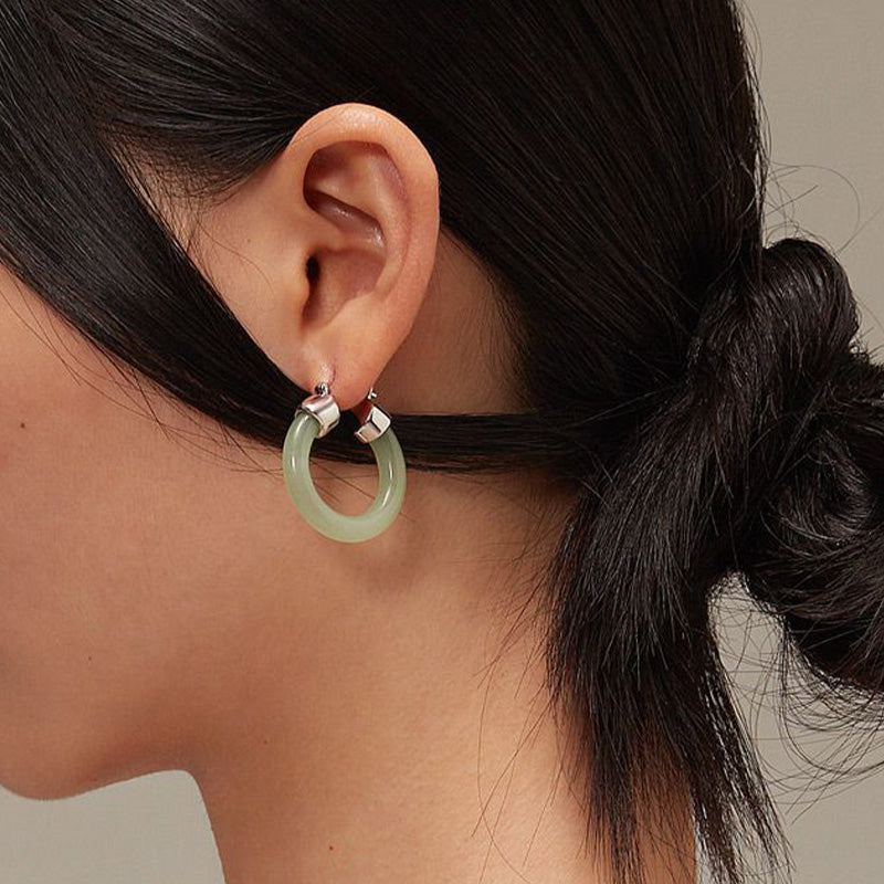 Buddha Stones Round Jade White Jade Prosperity Earrings - image 2