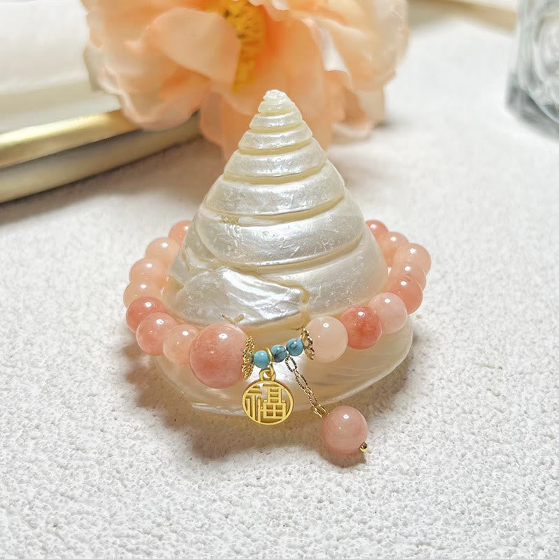 Buddha Stones Natural Orange Stone Turquoise Fu Character Charm Luck Fortune Bracelet - Natural Stone(Wrist Circumference 14-18cm) - image 0