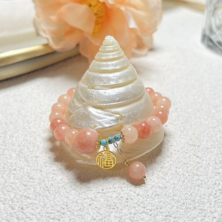 Buddha Stones Natural Orange Stone Turquoise Fu Character Charm Luck Fortune Bracelet - Natural Stone(Wrist Circumference 14-18cm) - image 0