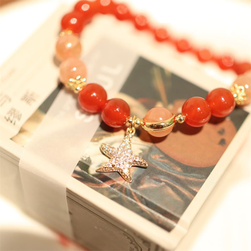 Buddha Stones Sun Stone Peach Moonstone Red Agate Crystal Star Wealth Bracelet - image 1