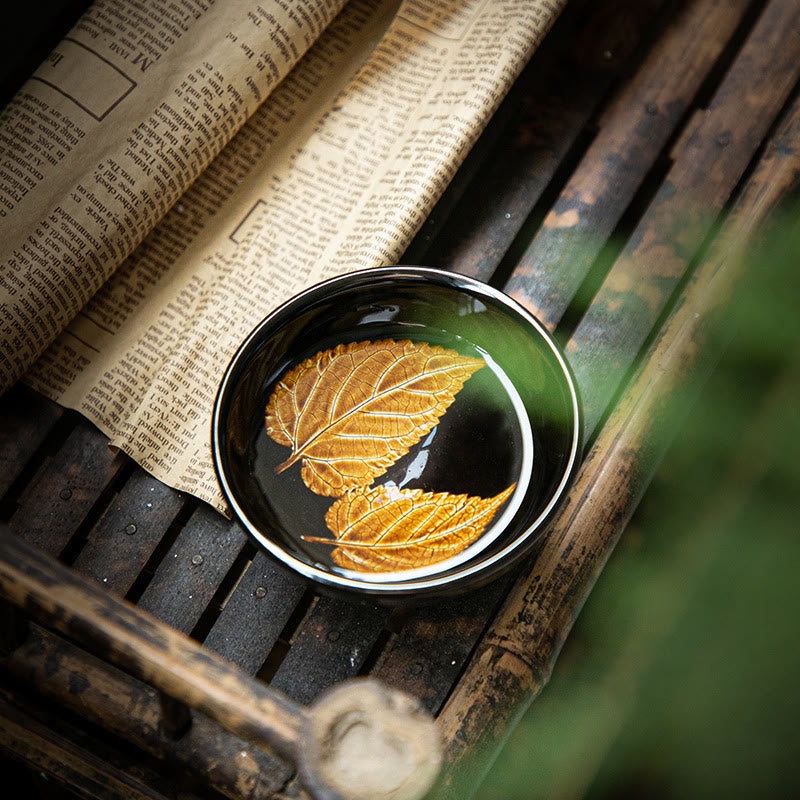Buddha Stones Gold Maple Leaf Chinese Jianzhan Ceramic Teacup Tenmoku Kung Fu Tea Cup Bowl - image 3
