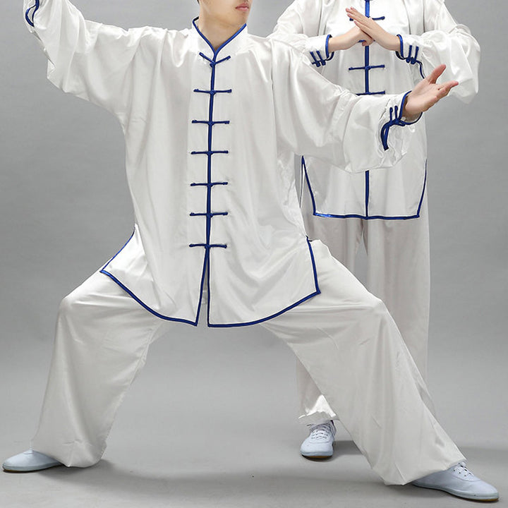 Buddha Stones Simple Pattern Meditation Prayer Spiritual Zen Tai Chi Qigong Practice Unisex Clothing Set - White + Blue Edge - 3XL-FIT FOR US/UK/AU/EU-2XL - image 0