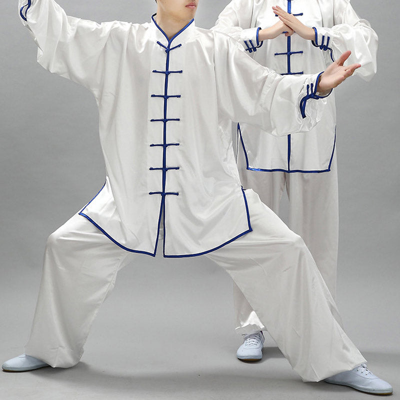 Buddha Stones Simple Pattern Meditation Prayer Spiritual Zen Tai Chi Qigong Practice Unisex Clothing Set - White + Blue Edge - 3XL-FIT FOR US/UK/AU/EU-2XL - image 0