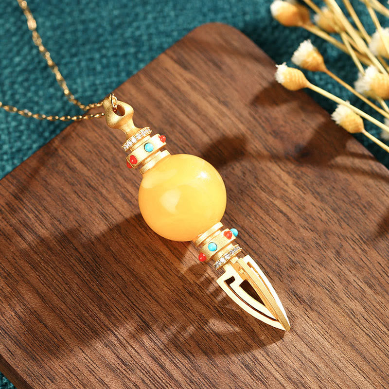 24K Gold Plated Amber Dorje Vajra Clear Anxiety Necklace Pendant - image 1