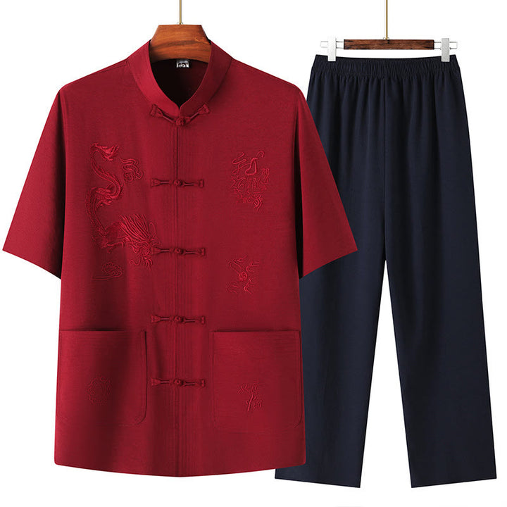 Buddha Stones Tang Suit Hanfu Chinese Dragon Traditional Kung Fu Uniform Short Sleeve Tops and Pants Clothing Men's Set - Red - US/UK/AU44，EU54 (4XL) - image 16