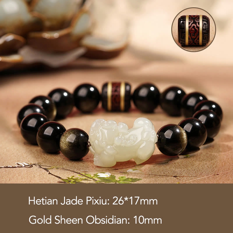 Buddha Stones Natural Gold Sheen Obsidian Hetian Cyan Jade White Jade PiXiu Wealth Bracelet - Gold Sheen Obsidian White Jade Pixiu 10mm(Men) - image 5