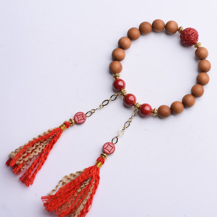 Buddha Stones Tibetan Natural Peach Wood Cinnabar PiXiu Wealth Tassels Bracelet - image 9