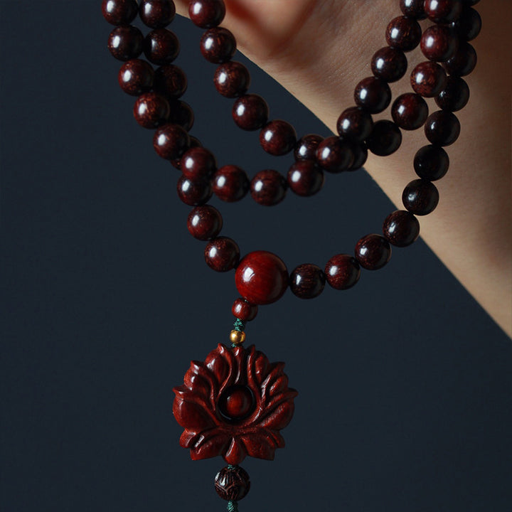 Buddha Stones Tibetan Small Leaf Red Sandalwood Lotus Mala Balance Bracelet - image 5