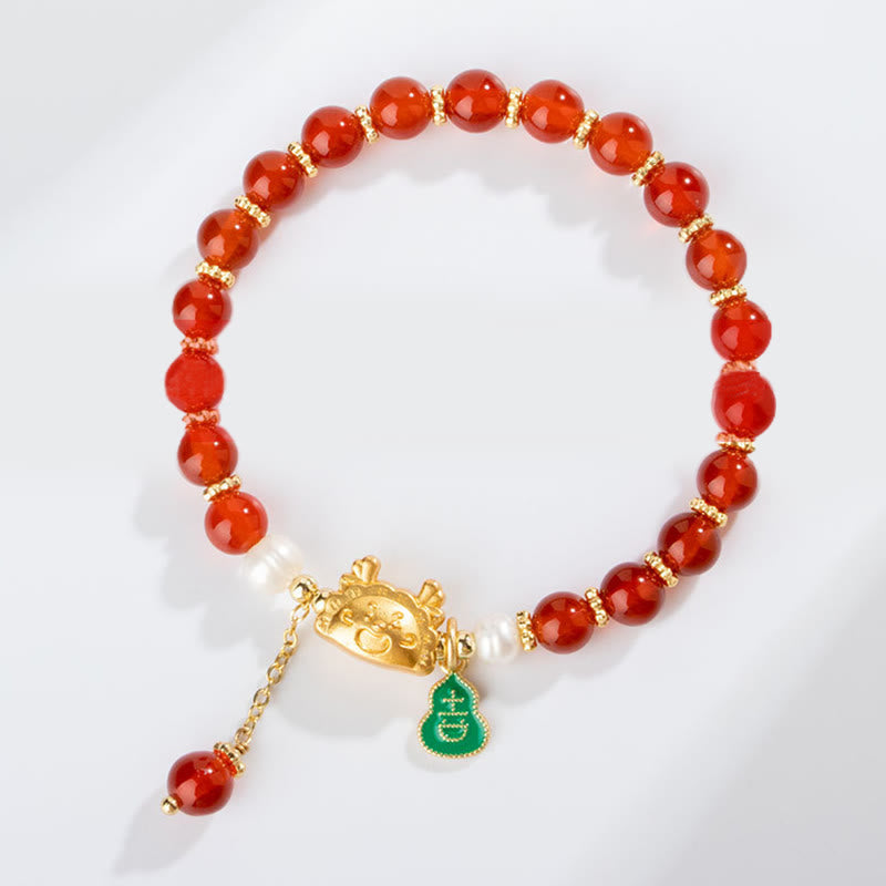 Buddha Stones Year Of The Dragon Natural Red Agate Pink Crystal Black Onyx Dumpling Luck Fu Character Bracelet - image 3