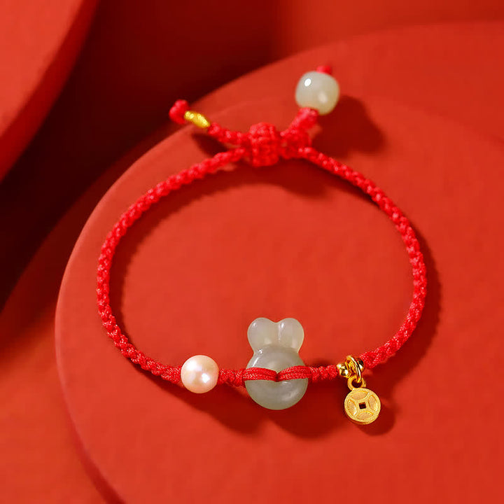 925 Sterling Silver Year of the Rabbit Hetian Jade Copper Coin Wealth Red String Bracelet - image 2