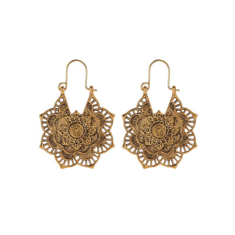 Buddha Stones Tibetan Lotus Engraving Copper Blessing Drop Earrings - Gold - image 0