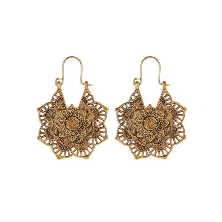 Buddha Stones Tibetan Lotus Engraving Copper Blessing Drop Earrings - Gold - image 0