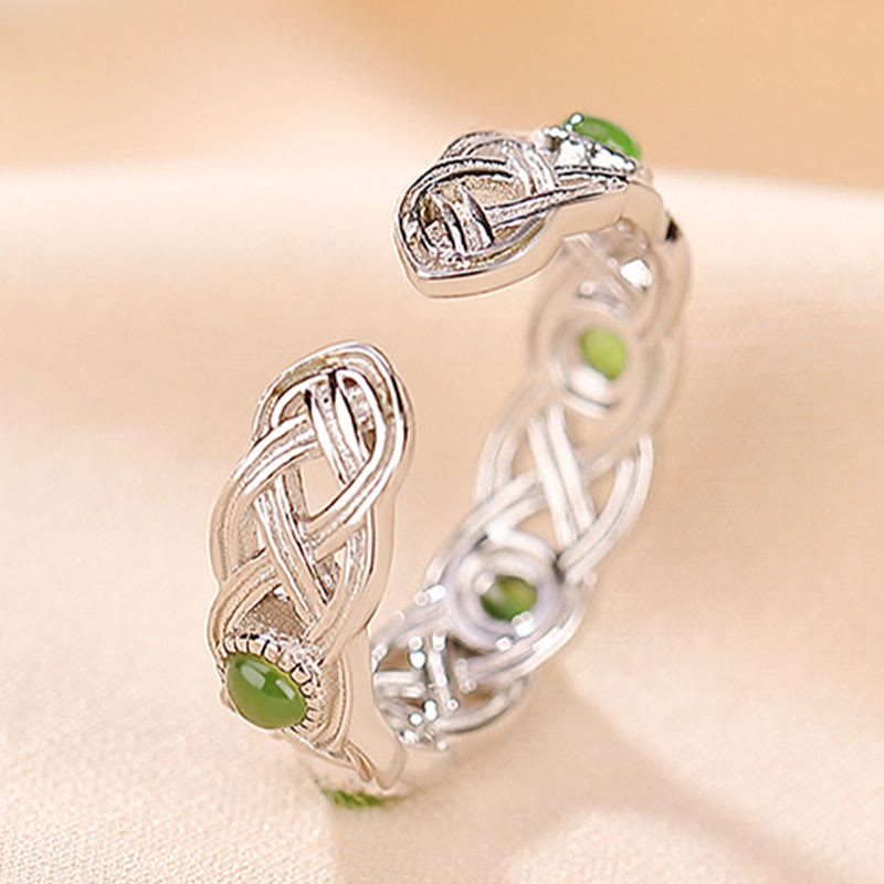 Buddha Stones 925 Sterling Silver Plated Gold Cyan Jade Braided Design Success Luck Adjustable Ring - image 8