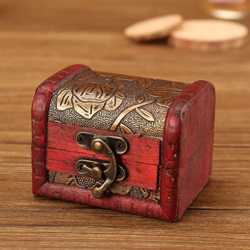 Buddha Stones Retro Small Wood Jewelry Box Lotus Golden Grape Copper Coin Daffodil Grass Flower Jewelry Storage Box - Lotus 8*6.5*6cm - image 2