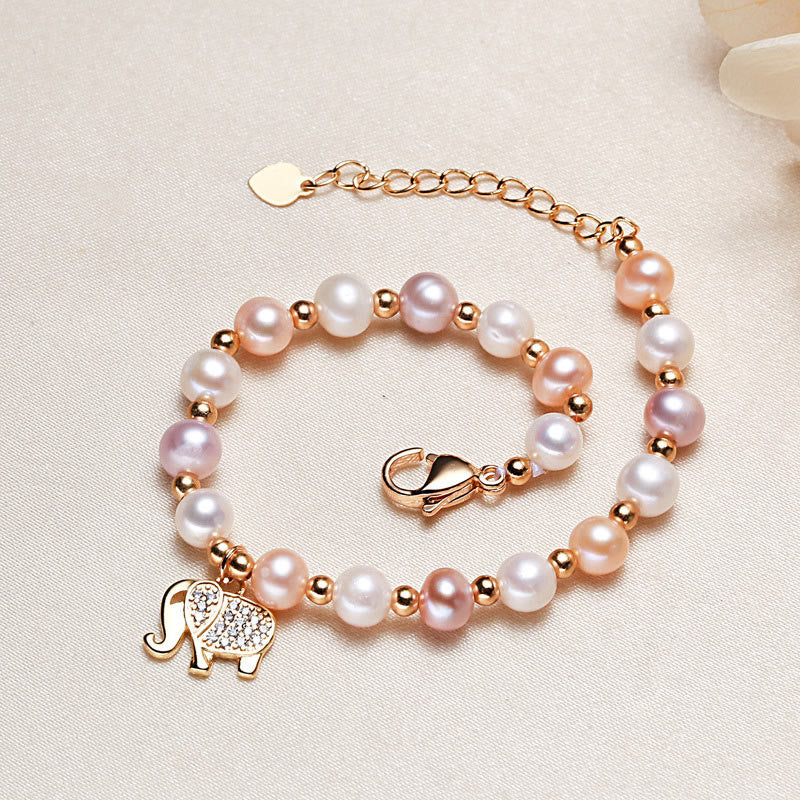 Buddha Stones 18K Gold Plated Pearl Elephant Zircon Charm Sincerity Bracelet - image 1