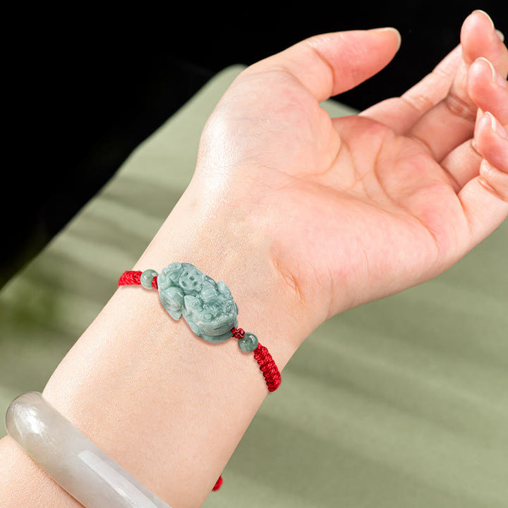 Buddha Stones Handmade Natural Jade PiXiu Protection King Kong Knot Braided String Bracelet - image 2