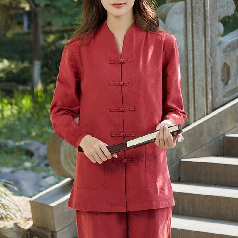 Buddha Stones Spiritual Zen Practice Yoga Meditation Prayer Uniform Cotton Linen Clothing Women's Set - Red - US18，UK/AU22，EU50 (6XL) - image 11