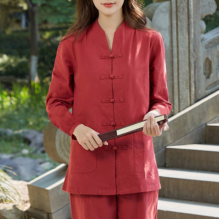 Buddha Stones Spiritual Zen Practice Yoga Meditation Prayer Uniform Cotton Linen Clothing Women's Set - Red - US18，UK/AU22，EU50 (6XL) - image 11