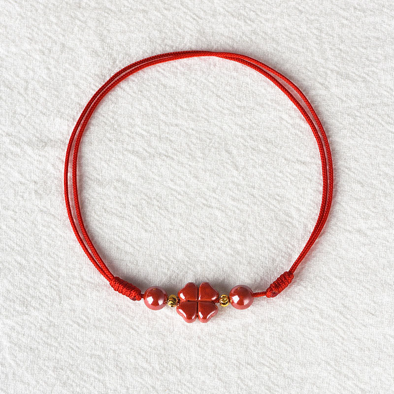 Buddha Stones Four Leaf Clover Cinnabar Blessing Calm String Bracelet Anklet - image 17