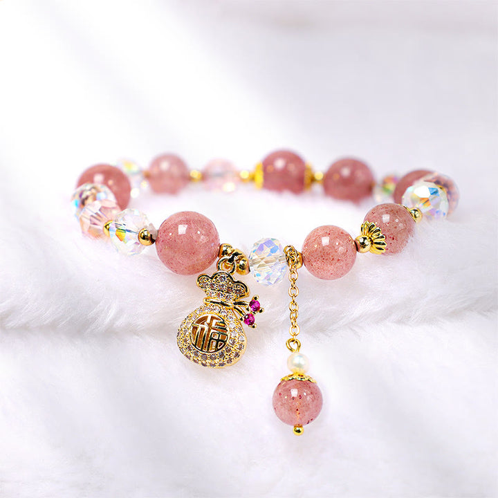 Buddha Stones Natural Strawberry Quartz Crystal Money Bag Charm Positive Bracelet - image 3