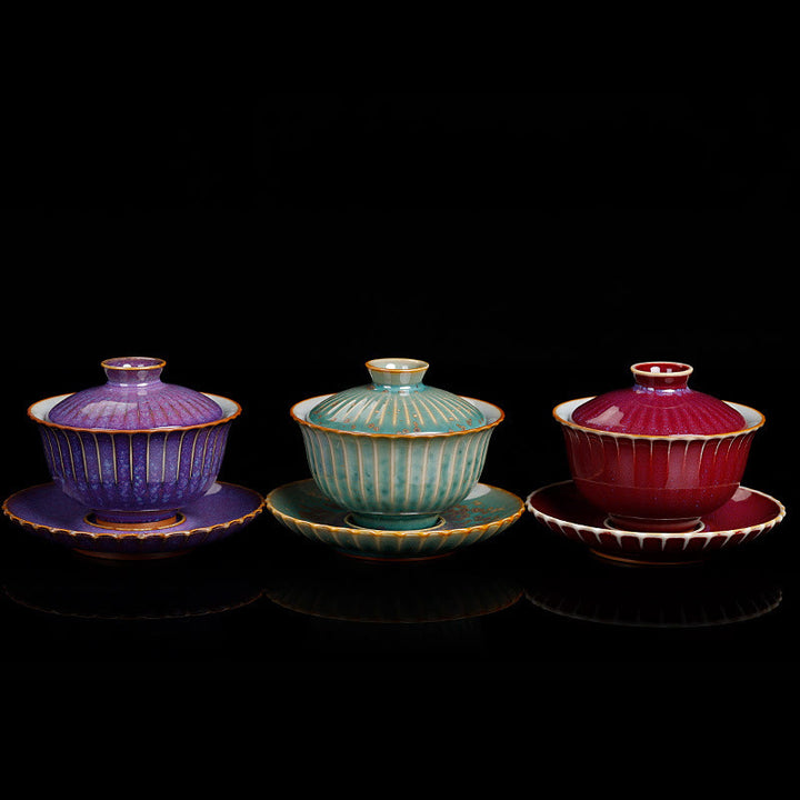 Buddha Stones Retro Glaze Kiln Change Ceramic Gaiwan Sancai Teacup Kung Fu Tea Cup And Saucer With Lid - image 1