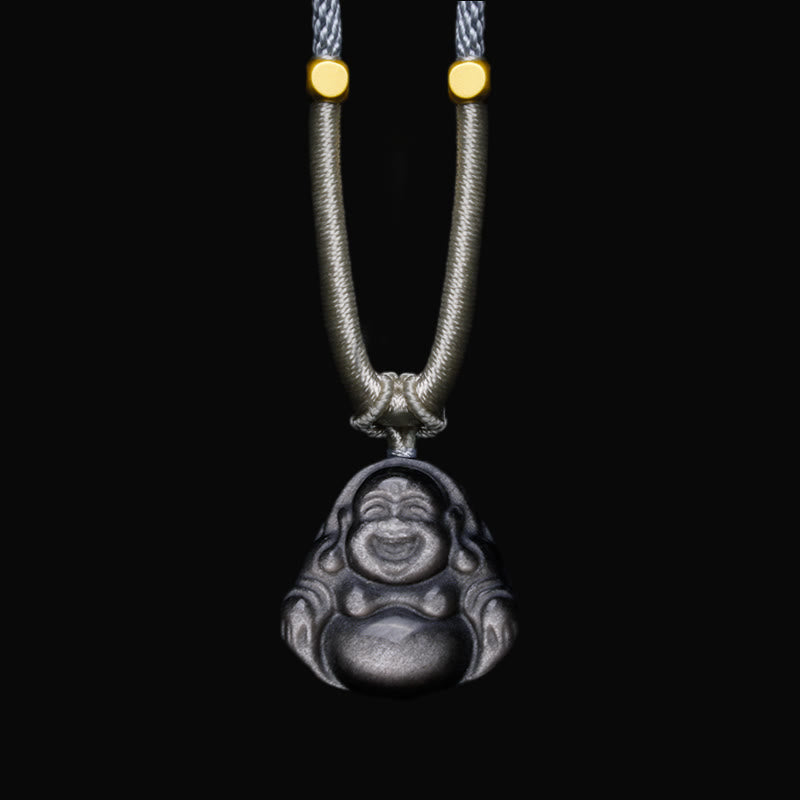 Buddha Stones Natural Silver Sheen Obsidian Laughing Buddha Protection Necklace Pendant - Laughing Buddha Light Gray Necklace - image 5