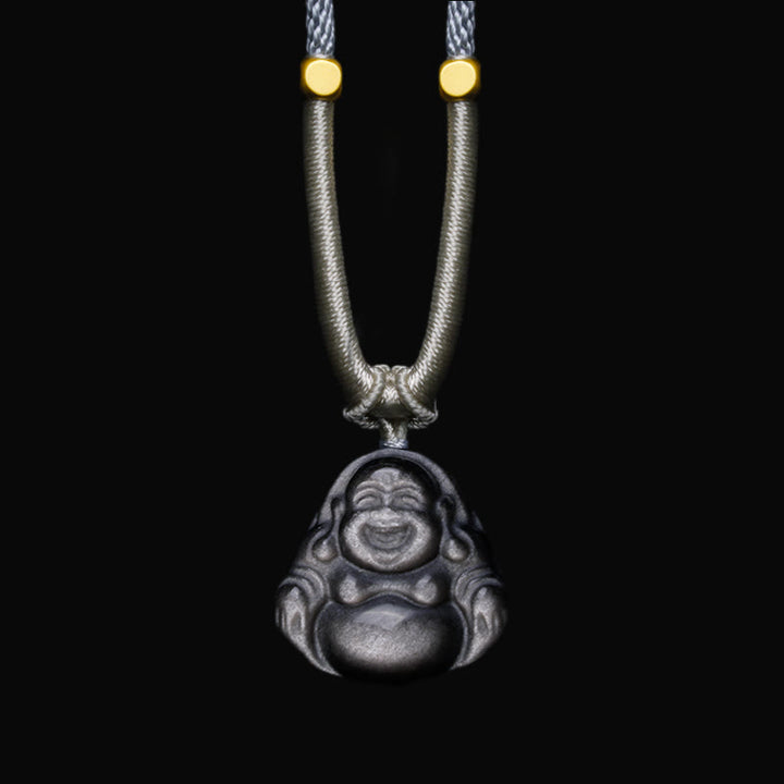 Buddha Stones Natural Silver Sheen Obsidian Laughing Buddha Protection Necklace Pendant - Laughing Buddha Light Gray Necklace - image 5