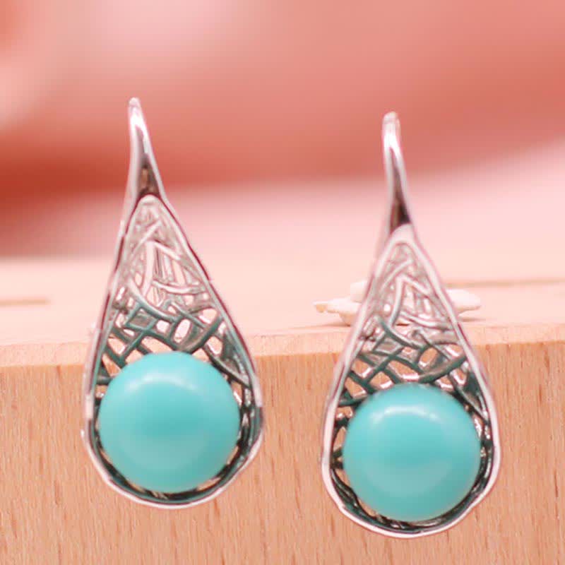 Buddha Stones 925 Sterling Silver Turquoise Beaded Pattern Protection Drop Dangle Earrings - image 1